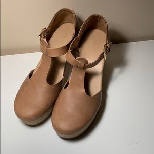 Camel colored t-strap high heel clogs - Old Navy